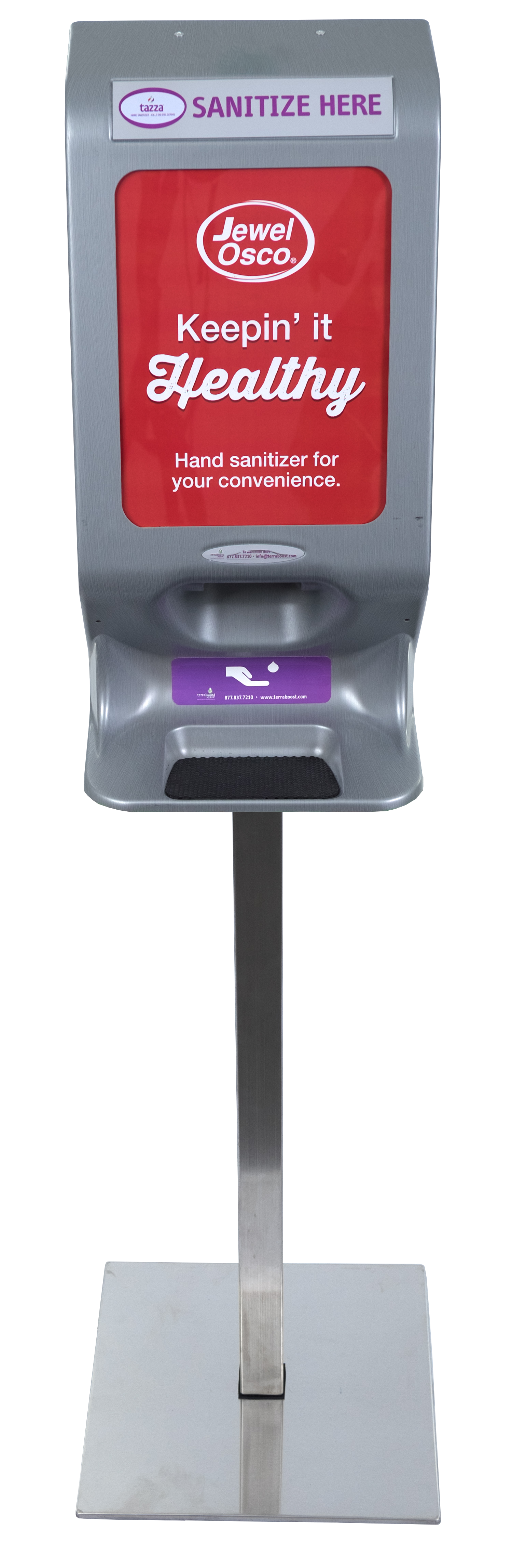 Front view - Terraboost Touch Free Hand Sanitizer Dispenser with Tazza Hand Sanitizer